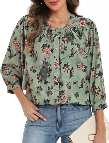 AIMCOO Womens Floral Blouses Batwing 3/4 Sleeve Boho Loose Fit Tops Dressy Casual Button Down Shirts Spring Summer Outfits in Kuwait