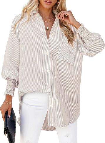 Womens Button Down Shirts Smocked Cuffed Blouse Long Sleeve Striped Button Up Shirts Office Work Shirt with Pocket in Saudi Arabia