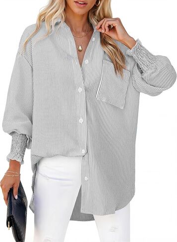 Womens Button Down Shirts Smocked Cuffed Blouse Long Sleeve Striped Button Up Shirts Office Work Shirt with Pocket in Saudi Arabia