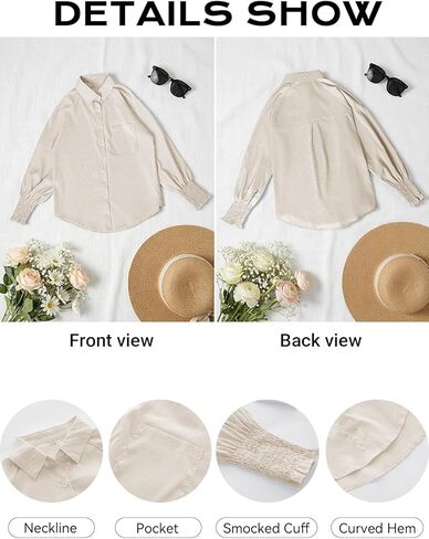 Womens Button Down Shirts Smocked Cuffed Blouse Long Sleeve Striped Button Up Shirts Office Work Shirt with Pocket in Saudi Arabia