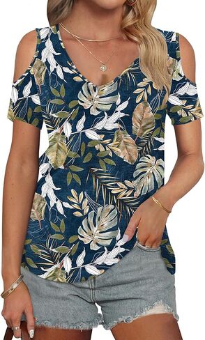AUSELILY Womens Summer T Shirts Casual Ladies V Neck Tops Short Sleeve Cold Shoulder Loose Fit Blouse in Saudi Arabia