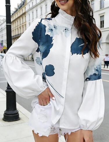 Women's Button Down Shirts Cotton Puff Long Sleeve Floral Blouses Ruffle Collar Bishop Tops for Women Elegant in Saudi Arabia