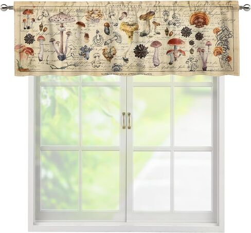Vintage Mushroom Valance Curtains for Kitchen, Retro Wild Plant Berries Hand Painted Artwork Illustrations Manuscript Decor Window Treatments, Drapes for Living Room Bedroom, 54x18in 1P in Saudi Arabia