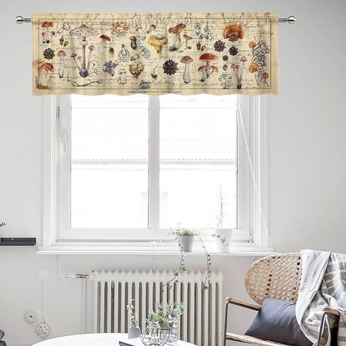 Vintage Mushroom Valance Curtains for Kitchen, Retro Wild Plant Berries Hand Painted Artwork Illustrations Manuscript Decor Window Treatments, Drapes for Living Room Bedroom, 54x18in 1P in Saudi Arabia