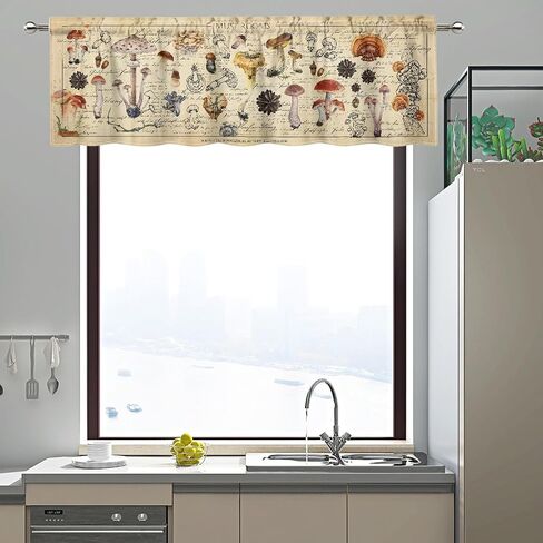 Vintage Mushroom Valance Curtains for Kitchen, Retro Wild Plant Berries Hand Painted Artwork Illustrations Manuscript Decor Window Treatments, Drapes for Living Room Bedroom, 54x18in 1P in Saudi Arabia