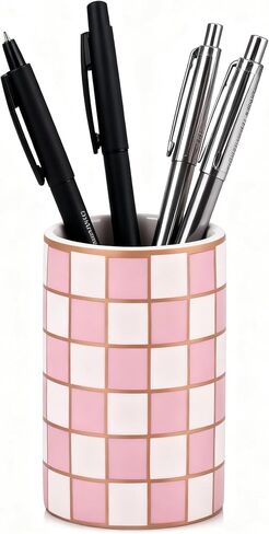 Ceramic Checkered Pen Holder For Desk,Cute Stand Black And White Pencil Cup,Durable Ceramic Pencil Cup, Decorative Makeup Brush Holder Cup, Stationery Holder for Office, School, Home (Black) in Saudi Arabia