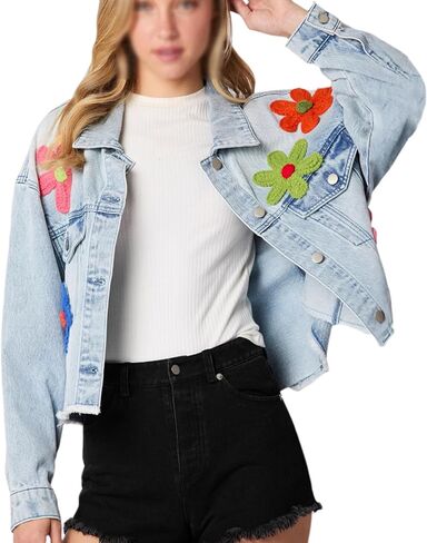 RINTONIX Women Y2K Long Sleeve Button Down 3D Flower Patchwork Crop Raw Hem Denim Jacket Washed Distressed Jean Jacket in Kuwait