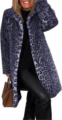 Women's Warm Comfortable Faux Leopards Print Jackets with Open Front Design Ideal for Cold Weather Activities Fuzzy in Kuwait