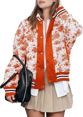 Xaspee Women's Puffer Varsity Baseball Jacket Casual Floral Print Letterman Bomber Jacket Windbreaker Lightweight Jacket in Kuwait
