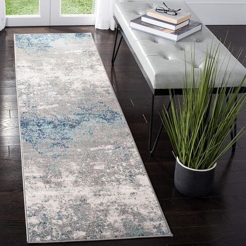 سجادة SAFAVIEH Brentwood Collection Runner - 2 × 8 بوصة، رمادي فاتح وأزرق، تصميم تجريدي حديث، لا يتساقط ويسهل العناية به، مثالي للمناطق ذات الحركة المرورية العالية في غرفة المعيشة وغرفة النوم (BNT822F) in Saudi Arabia