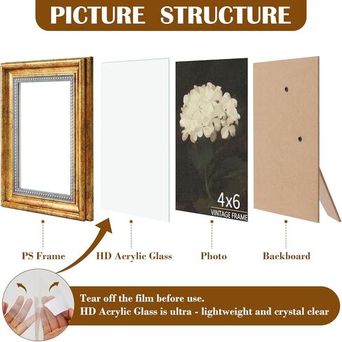 5x7 Picture Frames Set of 4 - Vintage Gold Photo Frames HD Acrylic for Gallery Wall & Tabletop Display, Home Décor & Gifts in Saudi Arabia