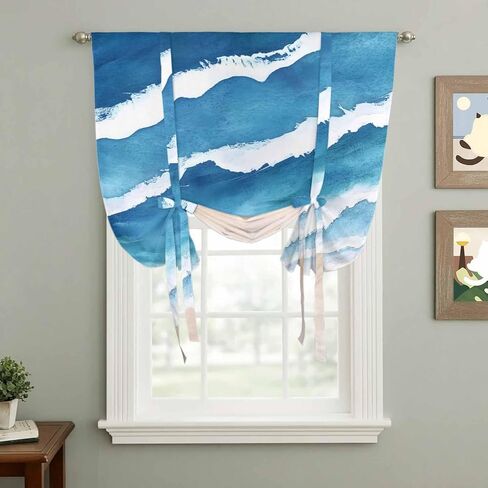Blue Beach Coastal Tie Up Curtains for Window, Summer Seaside Nautical Ocean Thermal Insulated Balloon Shade Adjustable Rod Pocket Curtains Valance Panels for Kitchen Bathroom Café 52'' x 45'' in Saudi Arabia