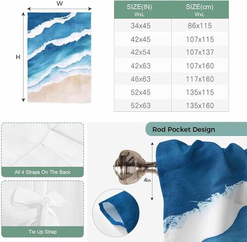 Blue Beach Coastal Tie Up Curtains for Window, Summer Seaside Nautical Ocean Thermal Insulated Balloon Shade Adjustable Rod Pocket Curtains Valance Panels for Kitchen Bathroom Café 52'' x 45'' in Saudi Arabia