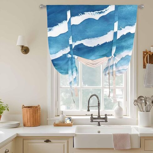 Blue Beach Coastal Tie Up Curtains for Window, Summer Seaside Nautical Ocean Thermal Insulated Balloon Shade Adjustable Rod Pocket Curtains Valance Panels for Kitchen Bathroom Café 52'' x 45'' in Saudi Arabia