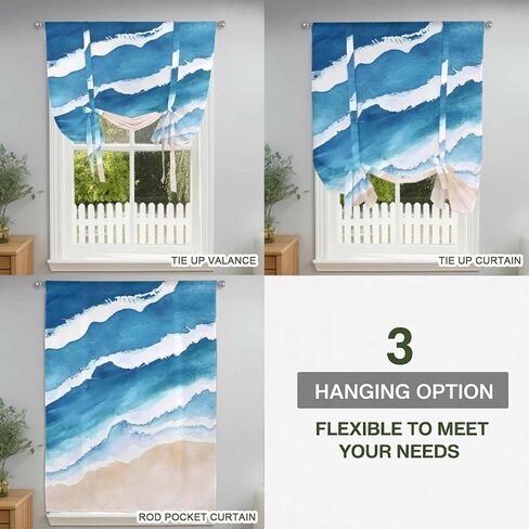 Blue Beach Coastal Tie Up Curtains for Window, Summer Seaside Nautical Ocean Thermal Insulated Balloon Shade Adjustable Rod Pocket Curtains Valance Panels for Kitchen Bathroom Café 52'' x 45'' in Saudi Arabia