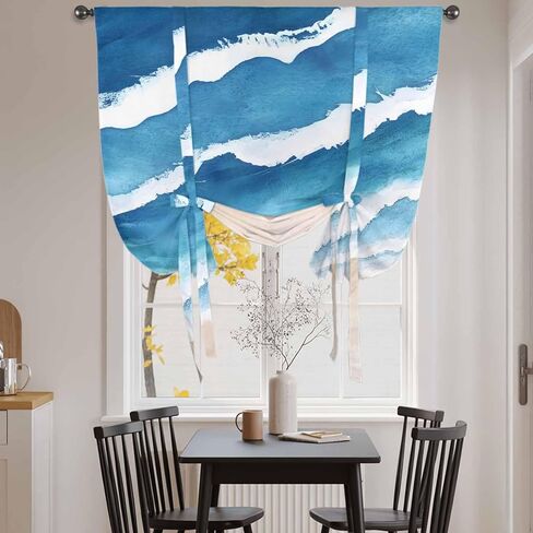 Blue Beach Coastal Tie Up Curtains for Window, Summer Seaside Nautical Ocean Thermal Insulated Balloon Shade Adjustable Rod Pocket Curtains Valance Panels for Kitchen Bathroom Café 52'' x 45'' in Saudi Arabia