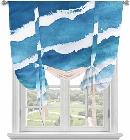 Blue Beach Coastal Tie Up Curtains for Window, Summer Seaside Nautical Ocean Thermal Insulated Balloon Shade Adjustable Rod Pocket Curtains Valance Panels for Kitchen Bathroom Café 52'' x 45'' in Saudi Arabia