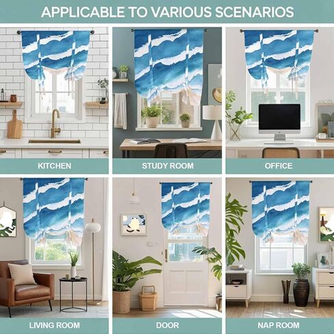 Blue Beach Coastal Tie Up Curtains for Window, Summer Seaside Nautical Ocean Thermal Insulated Balloon Shade Adjustable Rod Pocket Curtains Valance Panels for Kitchen Bathroom Café 52'' x 45'' in Saudi Arabia