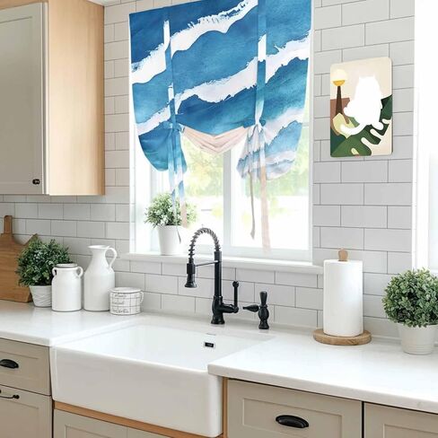 Blue Beach Coastal Tie Up Curtains for Window, Summer Seaside Nautical Ocean Thermal Insulated Balloon Shade Adjustable Rod Pocket Curtains Valance Panels for Kitchen Bathroom Café 52'' x 45'' in Saudi Arabia