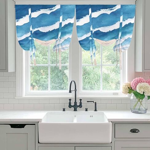 Blue Beach Coastal Tie Up Curtains for Window, Summer Seaside Nautical Ocean Thermal Insulated Balloon Shade Adjustable Rod Pocket Curtains Valance Panels for Kitchen Bathroom Café 52'' x 45'' in Saudi Arabia