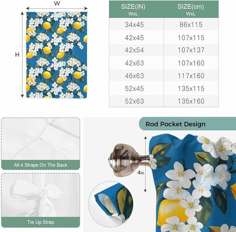 White Flowers Tie Up Curtains for Window, Yellow Lemon Fruit Vintage Watercolor Thermal Insulated Balloon Shade Adjustable Rod Pocket Curtains Valance Panels for Kitchen Bathroom Café 46'' x 63'' in Saudi Arabia