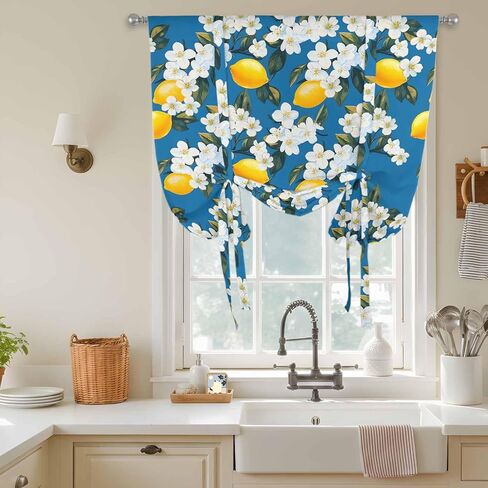 White Flowers Tie Up Curtains for Window, Yellow Lemon Fruit Vintage Watercolor Thermal Insulated Balloon Shade Adjustable Rod Pocket Curtains Valance Panels for Kitchen Bathroom Café 46'' x 63'' in Saudi Arabia
