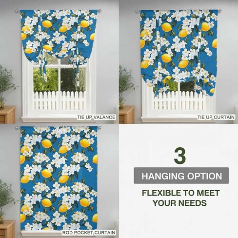 White Flowers Tie Up Curtains for Window, Yellow Lemon Fruit Vintage Watercolor Thermal Insulated Balloon Shade Adjustable Rod Pocket Curtains Valance Panels for Kitchen Bathroom Café 46'' x 63'' in Saudi Arabia