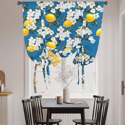 White Flowers Tie Up Curtains for Window, Yellow Lemon Fruit Vintage Watercolor Thermal Insulated Balloon Shade Adjustable Rod Pocket Curtains Valance Panels for Kitchen Bathroom Café 46'' x 63'' in Saudi Arabia