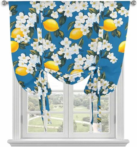 White Flowers Tie Up Curtains for Window, Yellow Lemon Fruit Vintage Watercolor Thermal Insulated Balloon Shade Adjustable Rod Pocket Curtains Valance Panels for Kitchen Bathroom Café 46'' x 63'' in Saudi Arabia