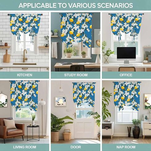 White Flowers Tie Up Curtains for Window, Yellow Lemon Fruit Vintage Watercolor Thermal Insulated Balloon Shade Adjustable Rod Pocket Curtains Valance Panels for Kitchen Bathroom Café 46'' x 63'' in Saudi Arabia