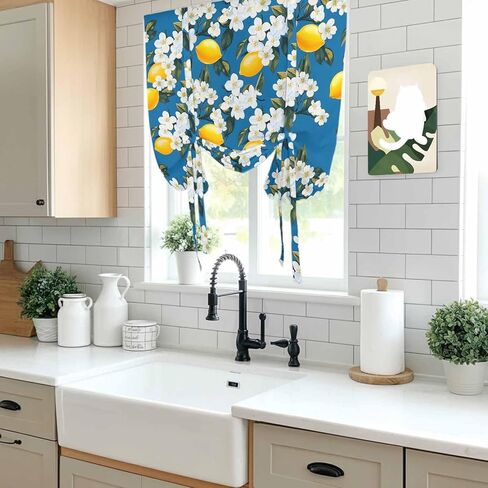 White Flowers Tie Up Curtains for Window, Yellow Lemon Fruit Vintage Watercolor Thermal Insulated Balloon Shade Adjustable Rod Pocket Curtains Valance Panels for Kitchen Bathroom Café 46'' x 63'' in Saudi Arabia