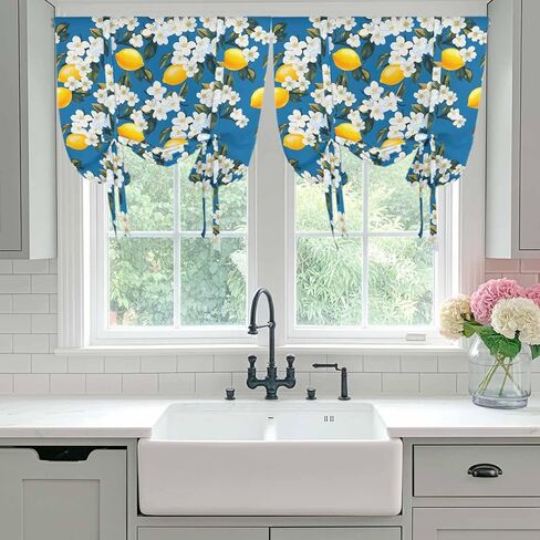 White Flowers Tie Up Curtains for Window, Yellow Lemon Fruit Vintage Watercolor Thermal Insulated Balloon Shade Adjustable Rod Pocket Curtains Valance Panels for Kitchen Bathroom Café 46'' x 63'' in Saudi Arabia