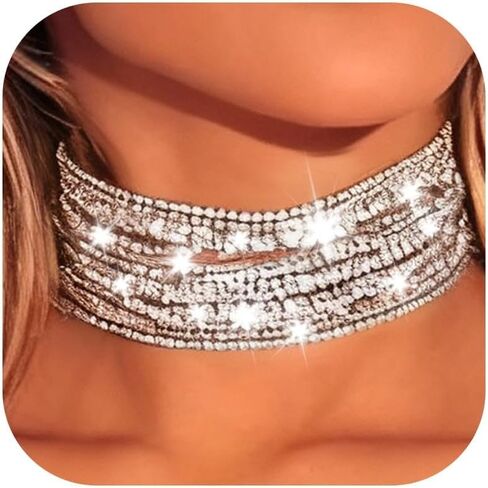 Rhinestone Choker Necklace for Women Silver Sparkly Crystal Necklace Wedding Jewelry Dainty Statement Accessories in Saudi Arabia