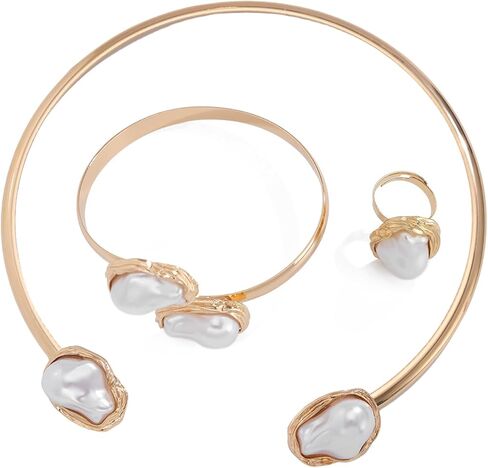 3 Pcs Metal Big Pearl Open Choker Necklace Bracelet Rings for Women Adjustable Silver and Gold Baroque Pearl Choker Necklaces for Women Round Open Necklace Suitable for Party in Saudi Arabia