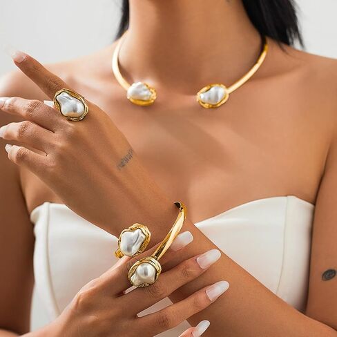 3 Pcs Metal Big Pearl Open Choker Necklace Bracelet Rings for Women Adjustable Silver and Gold Baroque Pearl Choker Necklaces for Women Round Open Necklace Suitable for Party in Saudi Arabia