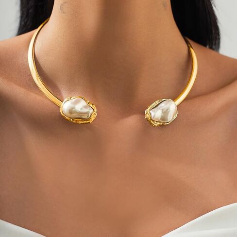 3 Pcs Metal Big Pearl Open Choker Necklace Bracelet Rings for Women Adjustable Silver and Gold Baroque Pearl Choker Necklaces for Women Round Open Necklace Suitable for Party in Saudi Arabia