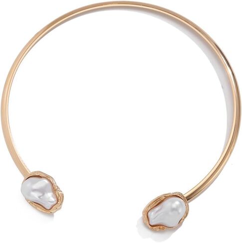 3 Pcs Metal Big Pearl Open Choker Necklace Bracelet Rings for Women Adjustable Silver and Gold Baroque Pearl Choker Necklaces for Women Round Open Necklace Suitable for Party in Saudi Arabia