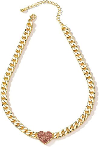 Chunky Gold Heart Necklace for Women Chunky Heart Necklace Lion Head Necklace Silver Heart Choker Rhinestone Cuban Link Chain Punk Statement Jewelry in Saudi Arabia