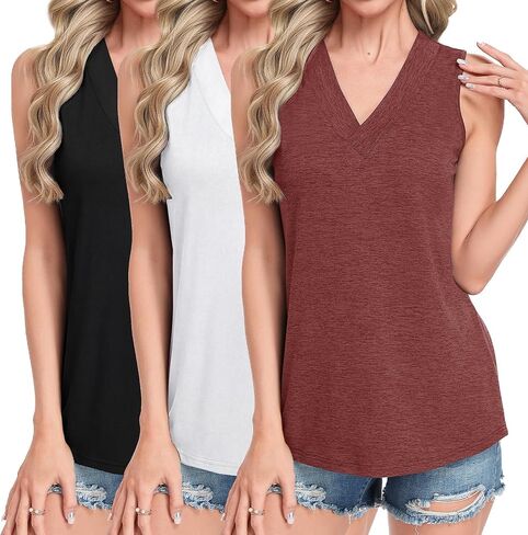 GAYHAY 3 قطع قمصان بدون أكمام للنساء صيفية برقبة على شكل V قمصان فضفاضة تناسب ملابس الشاطئ غير الرسمية لقضاء العطلات موضة 2026 in Kuwait