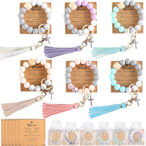 6 Sets Christian Silicone Cross Keychain Bracelet for Women Religious Key Ring Bracelets Bulk Silicone Wristlet Keychains Beaded Bangle Chains Inspirational Christian Bible Verse Jewelry Gifts in Saudi Arabia
