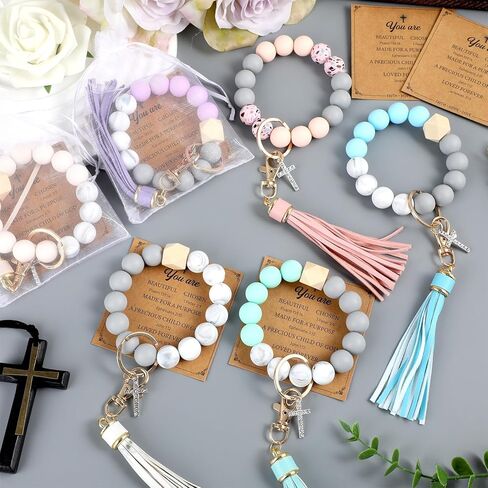 6 Sets Christian Silicone Cross Keychain Bracelet for Women Religious Key Ring Bracelets Bulk Silicone Wristlet Keychains Beaded Bangle Chains Inspirational Christian Bible Verse Jewelry Gifts in Saudi Arabia