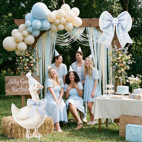 RattanView Silly Goose Birthday Party Decorations 35.4inch 1st Birthday Silly Goose Backdrop Duck and 23.6inch Pink Gingham Background Bow Baby Shower Party Supplies for Animal Baby Shower in Saudi Arabia