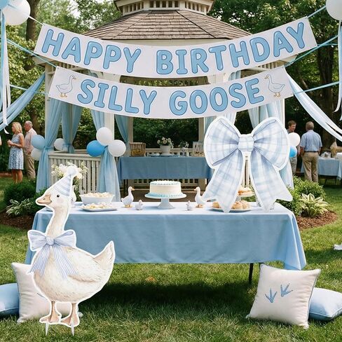 RattanView Silly Goose Birthday Party Decorations 35.4inch 1st Birthday Silly Goose Backdrop Duck and 23.6inch Pink Gingham Background Bow Baby Shower Party Supplies for Animal Baby Shower in Saudi Arabia