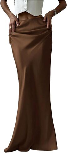 تنورة SHENHE النسائية الطويلة من الساتان منخفضة الارتفاع مكشكشة أنيقة وحريرية لحفلات الكوكتيل تنورة طويلة على شكل ذيل السمكة in Kuwait