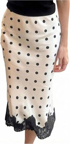 SOLY HUX Women's Satin Polka Dots Skirt Lace Trim High Waisted Going Out Party Long Skirts in Saudi Arabia