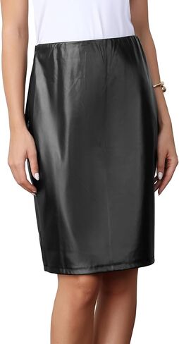 تنانير Allegra K من الجلد الصناعي للنساء من البولي يوريثان ذات الخصر العالي المطاطي تنورة متوسطة الطول in Kuwait