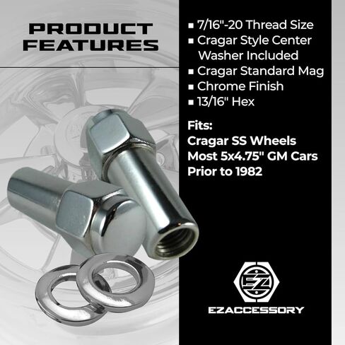 24 صواميل Cragar Standard Mag Lug مقاس 7/16 بوصة - 20 مع غسالة مركزية، ساق 0.76 بوصة، قطر 0.68 بوصة، طول 1.57 بوصة in Saudi Arabia