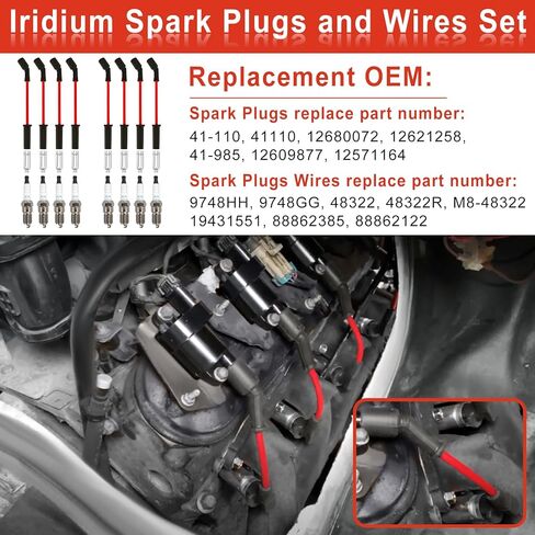 9748HH Spark Plug Wires Set with 41-110 Iridium Spark Plugs Compatible with Chevy Silverado Tahoe Suburban GMC Sierra Yukon Cadillac Escalade 4.8 5.3 6.0 6.2 V8, Replace 41-162 48322 9748GG (8 Set) in Kuwait