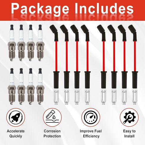 9748HH Spark Plug Wires Set with 41-110 Iridium Spark Plugs Compatible with Chevy Silverado Tahoe Suburban GMC Sierra Yukon Cadillac Escalade 4.8 5.3 6.0 6.2 V8, Replace 41-162 48322 9748GG (8 Set) in Kuwait