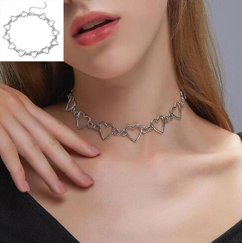 Silver Heart Chain Choker Necklace for Women in Saudi Arabia
